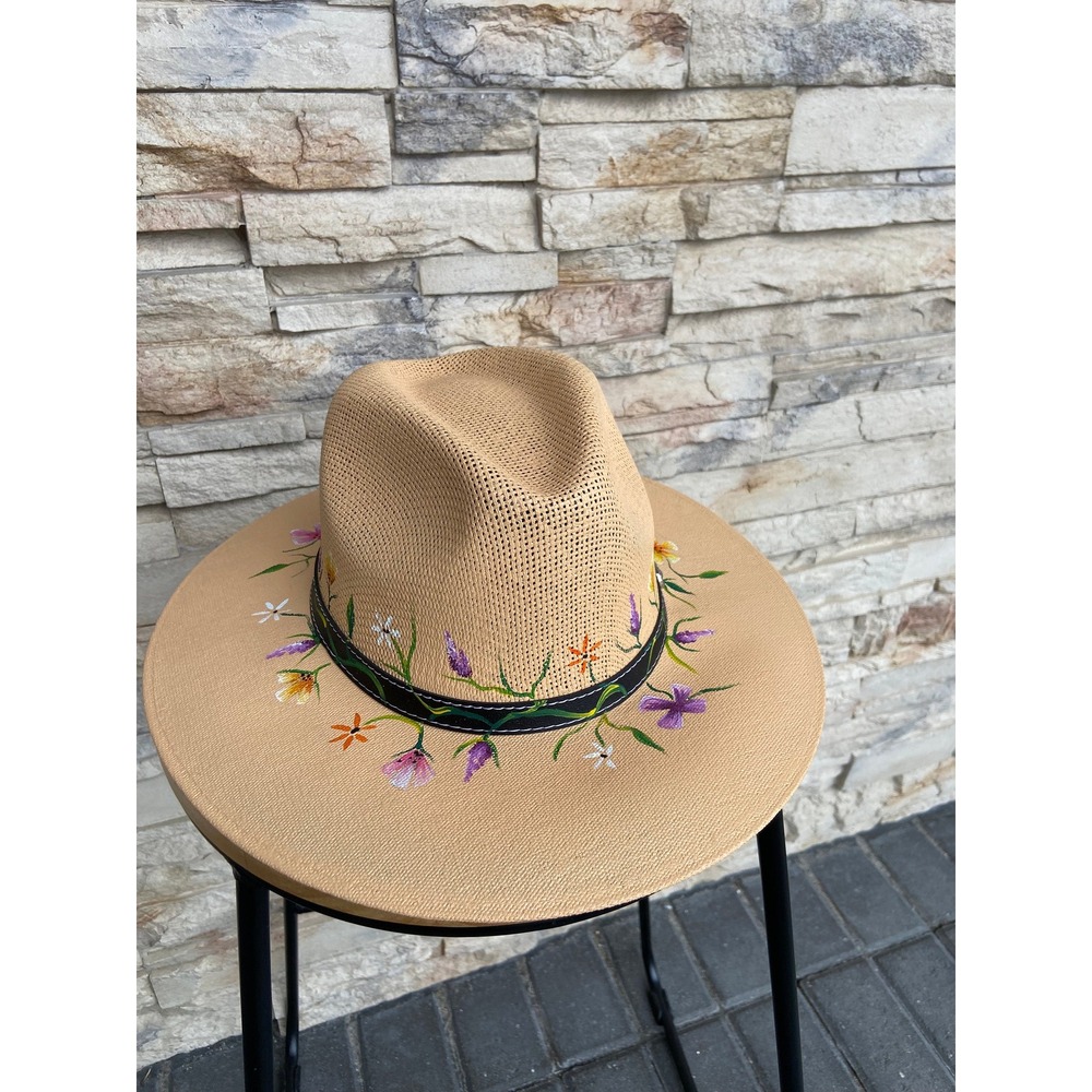 Flowered Hand Painted Boho Artisan Straw Hat For Her Art Lover